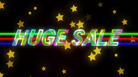 animation of huge sale text in colourful letters over gold stars on black background