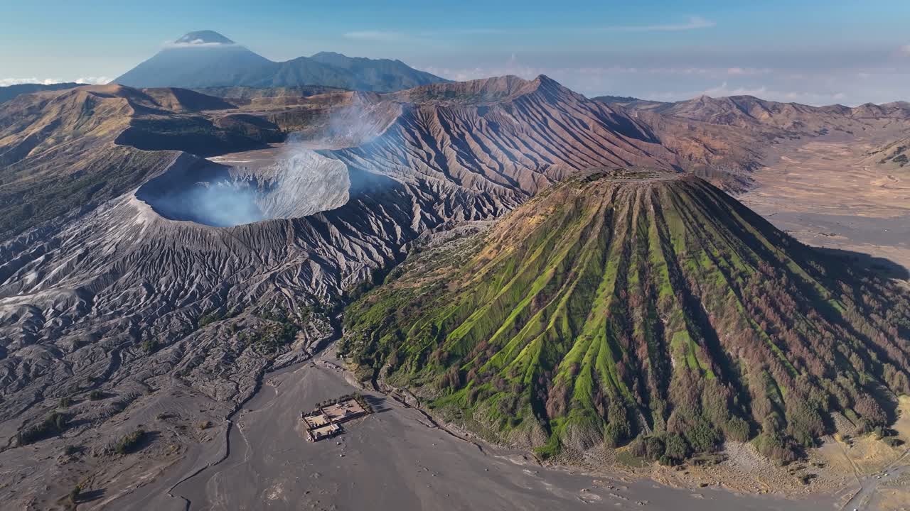 Beautiful drone panorama of spectacular volcanos in East Java, Indonesia. Mount Bromo, Semeru, Gn. Batok