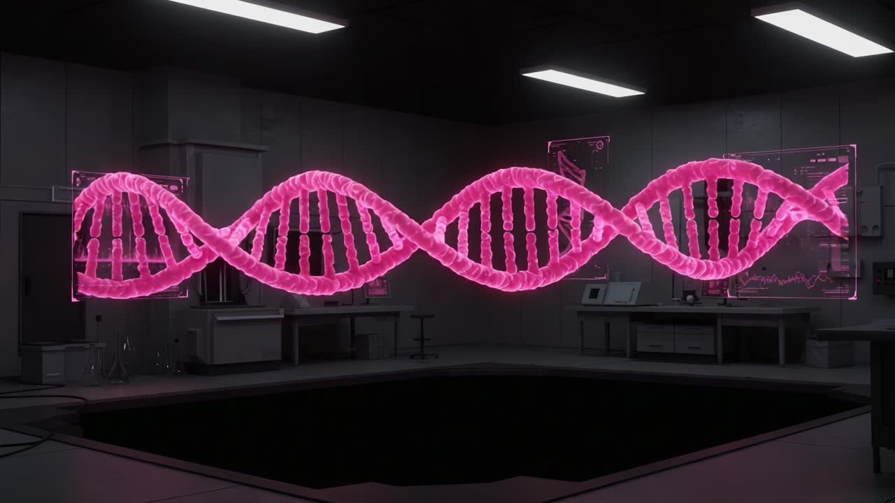 Striking Visualization of DNA Structure in a High-Tech Laboratory Setting, Showcasing the Double Helix in Vibrant Pink Against a Sleek Background