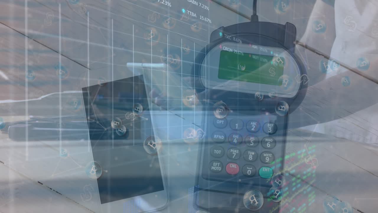 animación del procesamiento de datos financieros a través de terminales de pago