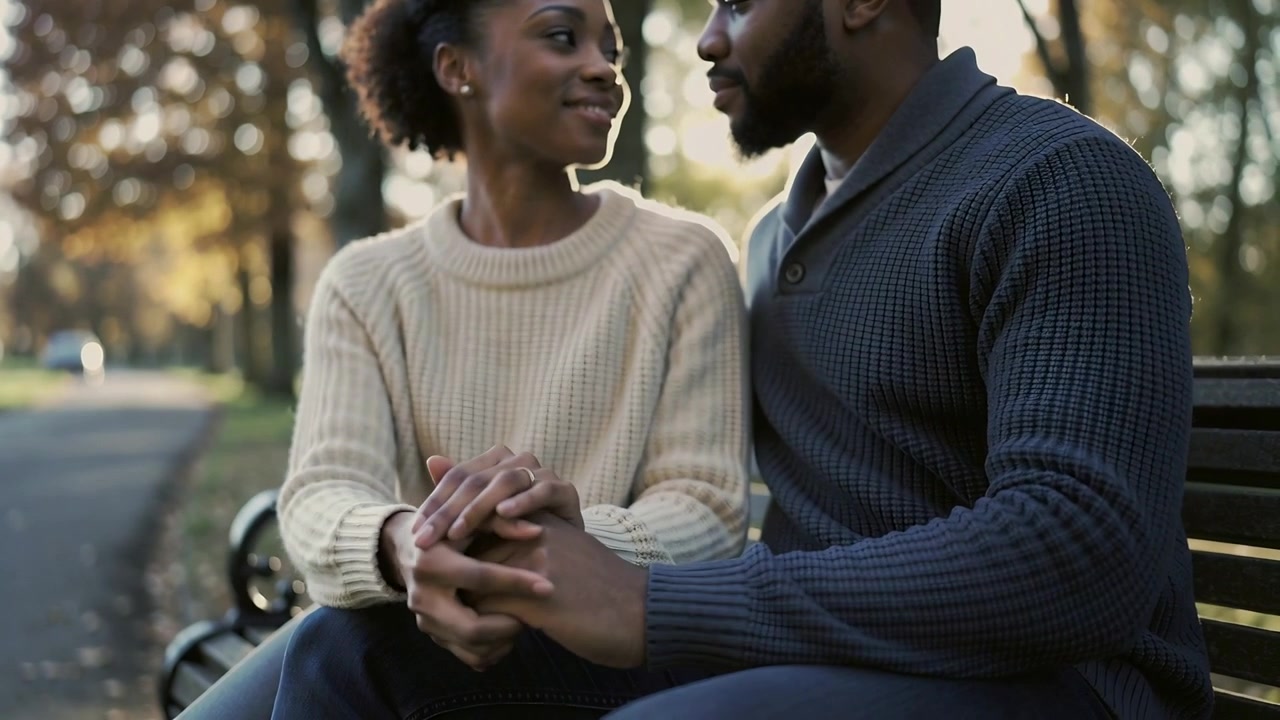 Covering her hands after her placing on lap, man in sweater on park bench showing ring