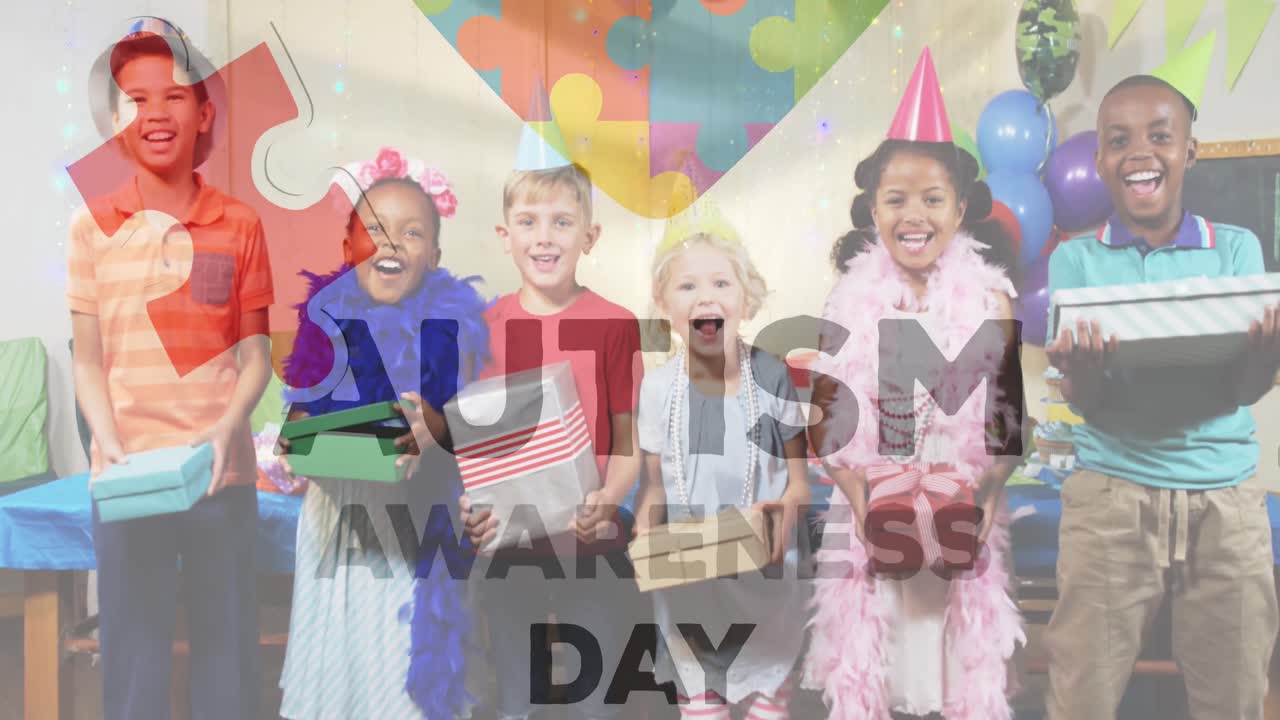 파티에서 선물을 들고 있는 퍼즐과 아이들과 함께 형성된 마음 위에 떨어지는 퍼즐의 애니메이션