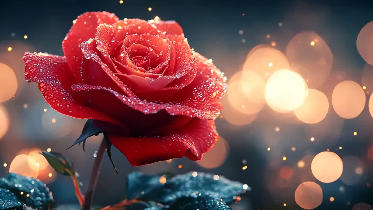 A red rose with dew drops on it is the main focus of the image. The background is blurry and has a hazy, dreamy quality to it, giving the impression of a romantic or ethereal setting