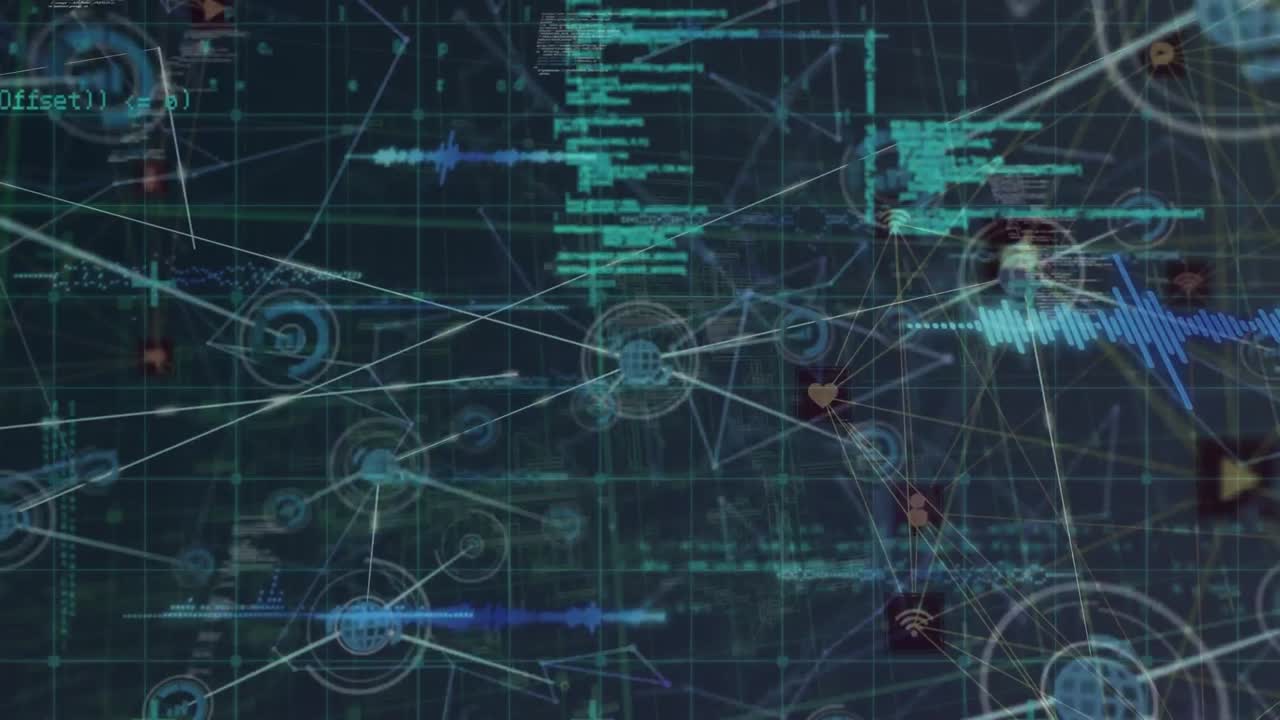 Animation of data processing with network of connections on black background