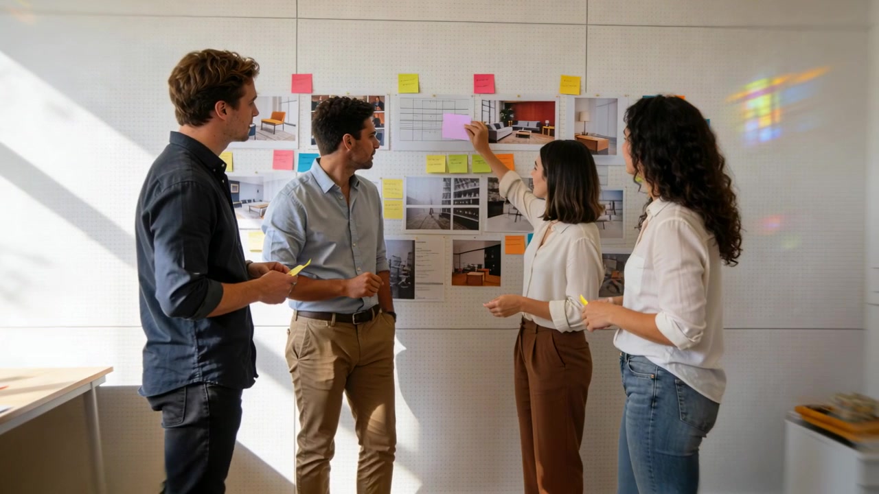 Uomo a sinistra in abbigliamento business-casual che tiene appunti gialli, guida un team che dà priorità a una lavagna vicino alla finestra.
