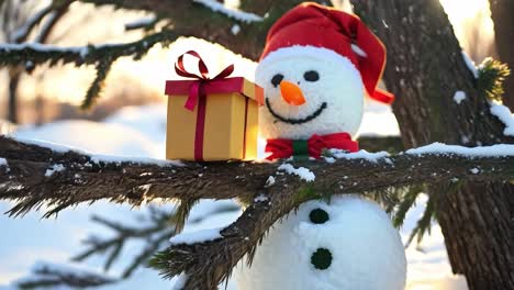 snowman with a gift under a christmas tree