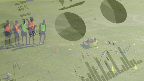 financial data and charts animation over soccer players training on field