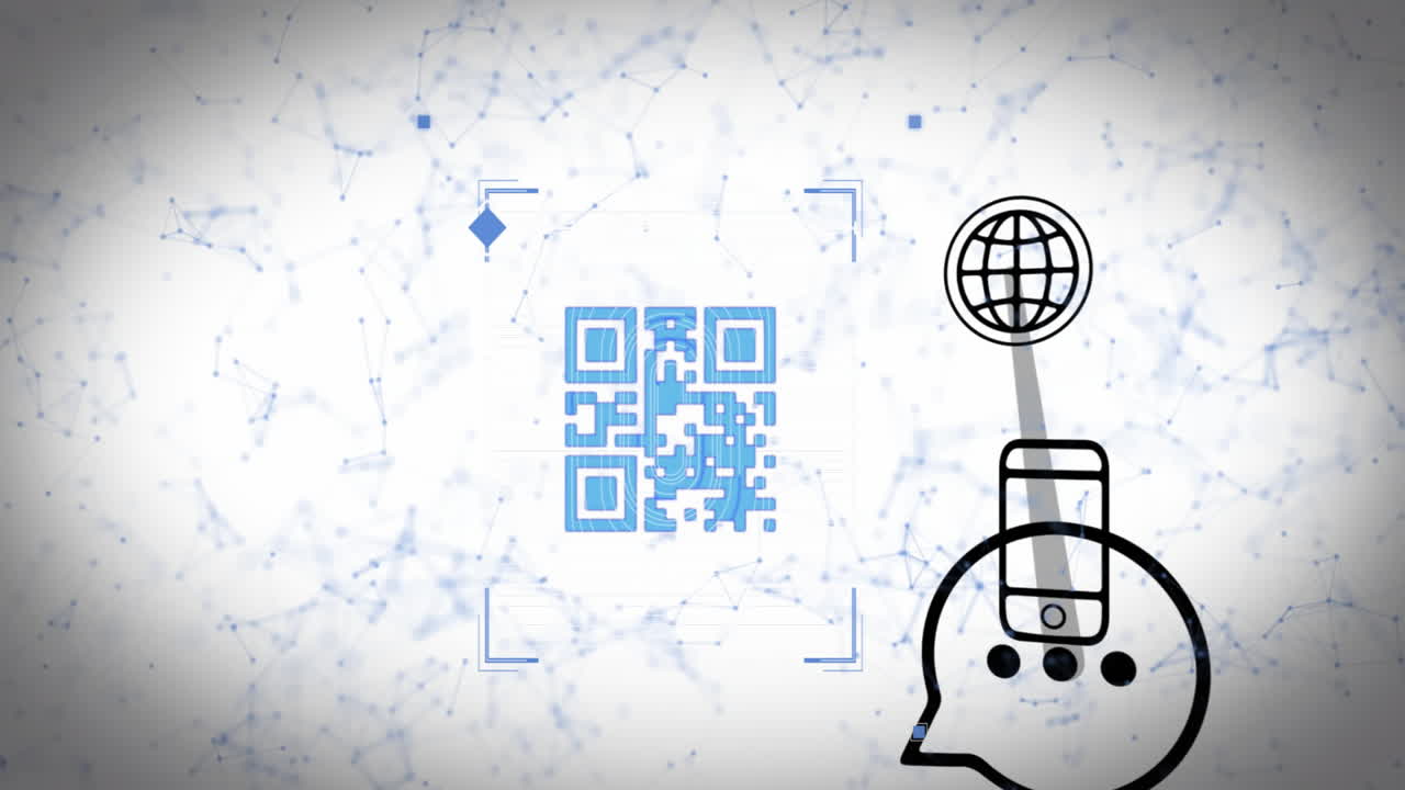animación del código qr y procesamiento de datos digitales con conexiones e iconos