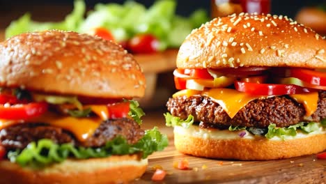 two hamburgers on a wooden cutting board with lettuce, tomato and cheese