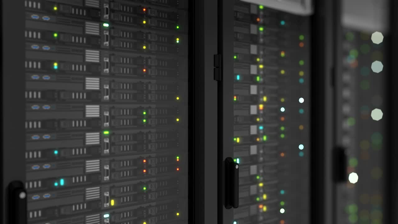 hermosos servidores de primer plano en el centro de datos moderno. renderización 3d pesada. almacenamiento de datos de computación en la nube. animación 3d en bucle.