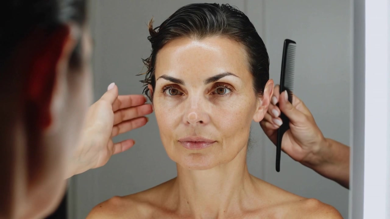 Stilista che liscia i capelli bagnati di una donna davanti allo specchio, posizionando il pettine all'attaccatura dei capelli e utilizzando un pettine a coda per lo styling.
