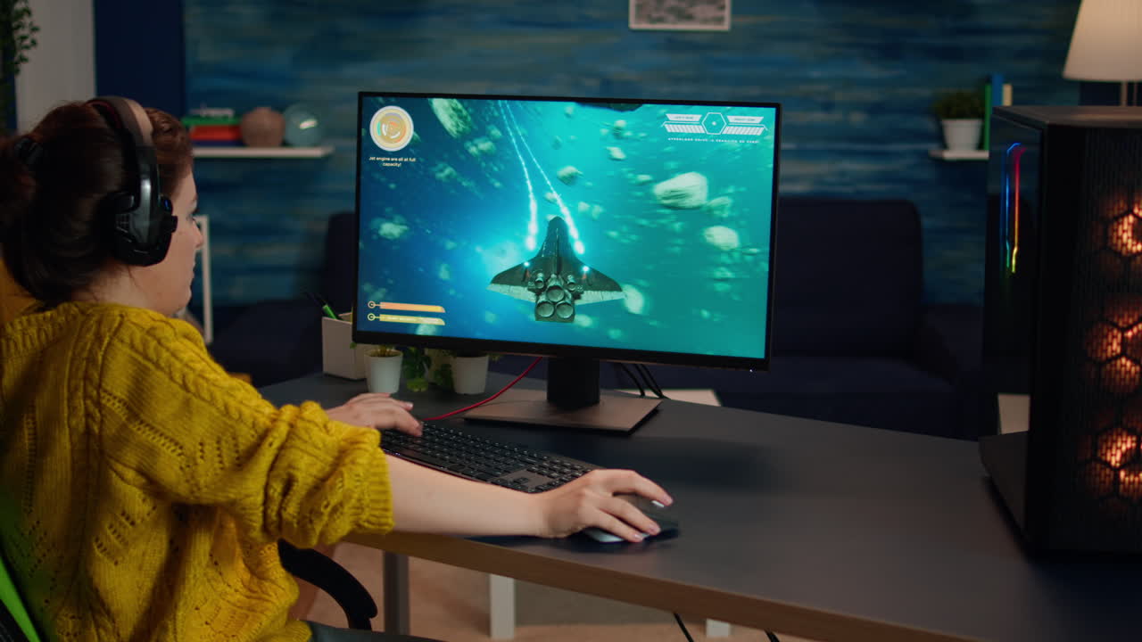 Over the shoulder woman gamer playing online shooter game