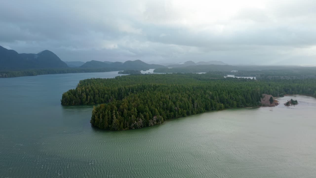 tomada de drone de tofino en la isla de vancouver que muestra colores de otoño, costa escarpada y olas del océano en una vista aérea panorámica.