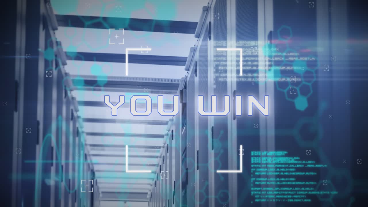 Animation of you win text and data processing over computer servers