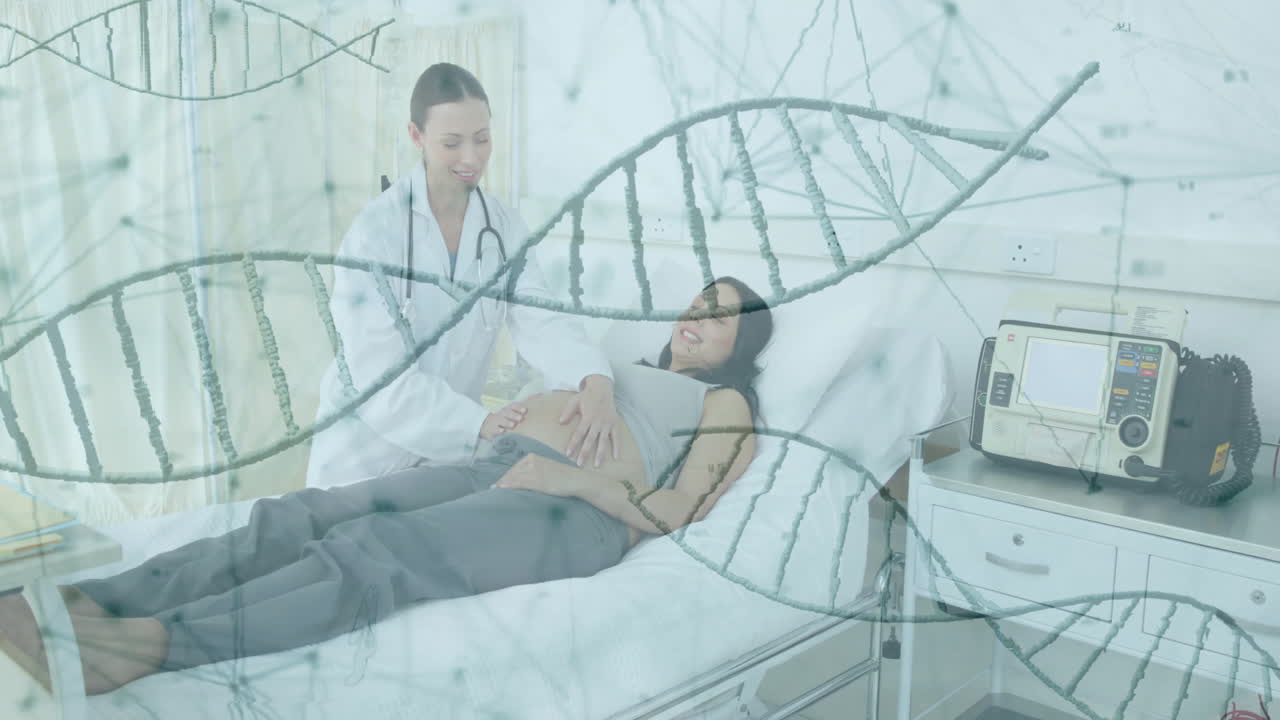 female doctor palpating pregnant woman abdomen on bed, overlaying DNA graphics for prenatal health