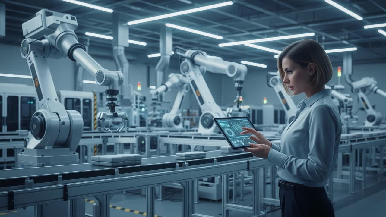 A Professional Woman Interacting with Advanced Robotics in a Modern Automated Manufacturing Environment, Showcasing Cutting-Edge Technology and Industry Innovation