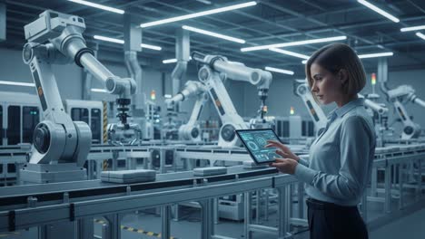 a professional woman interacting with advanced robotics in a modern automated manufacturing environment, showcasing cutting-edge technology and industry innovation
