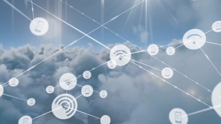 Animation of network of connections with icons over clouds