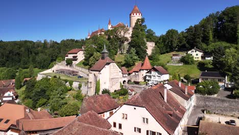 swiss charming village lucens medieval castle switzerland aerial drone europe