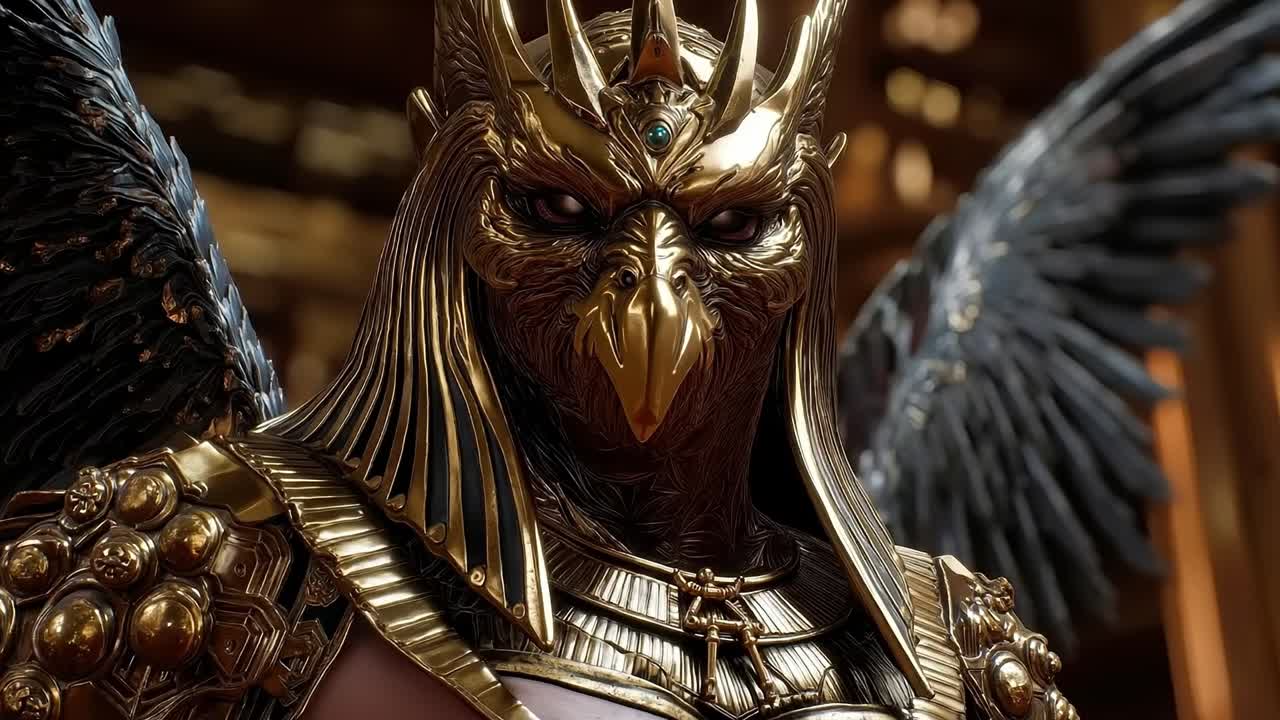 A close up of a statue of an egyptian pharaoh with wings