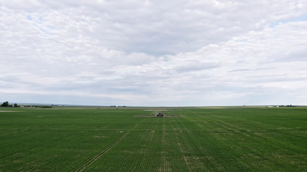 Landbrugstraktor sprøjter kemikalier på den store hvedemark i Saskatchewan, Canada - Luftdrone
