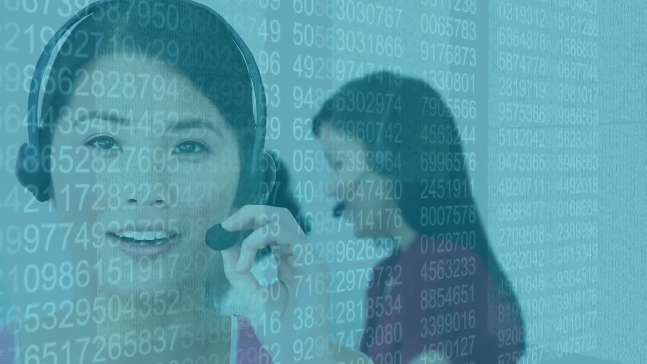 Cyber security data processing over asian female customer care executive talking on phone headset