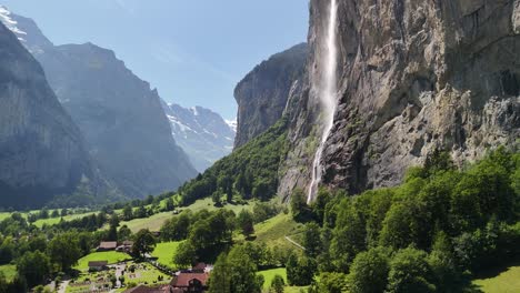 switzerland village lauterbrunnen, swiss alps mountains valley waterfall base