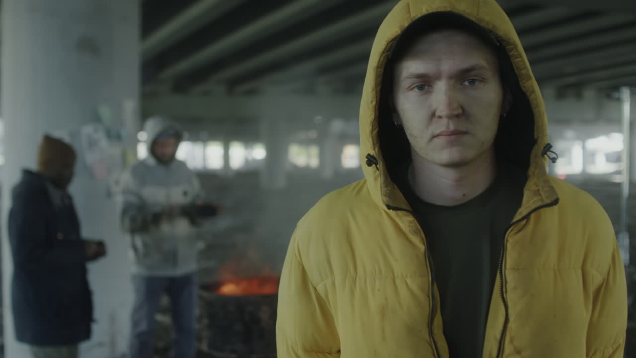 Homeless Individuals Gathered Under an Overpass with a Fire