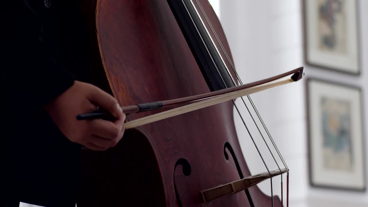 primer plano de las cuerdas de un violonchelo vibrando mientras la violonchelista tira de su arco