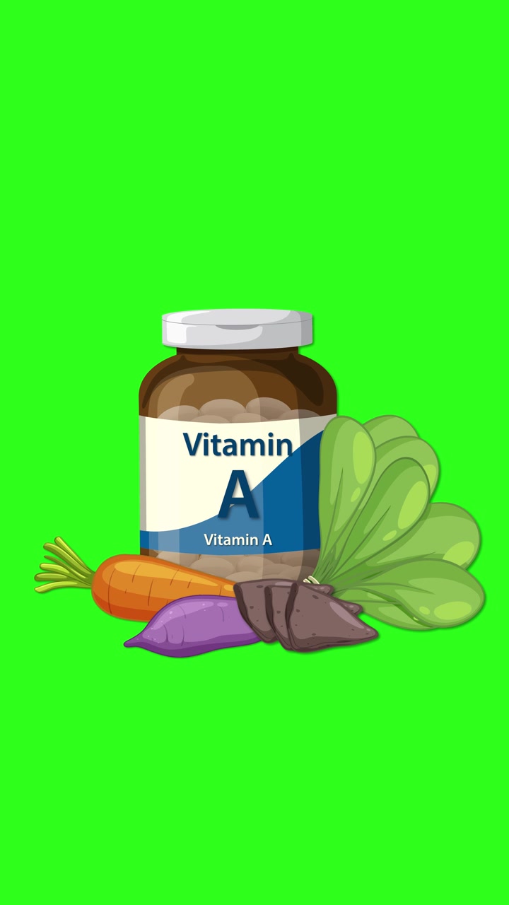 Un flacone di Vitamina A appare con carote, spinaci e patata dolce, transizione fluida, sfondo verde brillante.