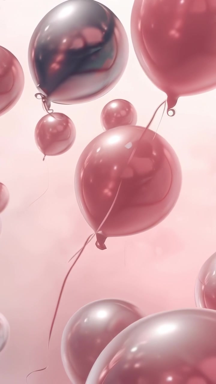 Video verticale: Palloncini lucidi che fluttuano e salgono, con la telecamera che si muove verso l'alto in un set rosa, mostrando i fili.