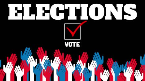 animación de elecciones de palabras con cuadrado blanco y voto de palabras con manos rojas, blancas y azules levantándose