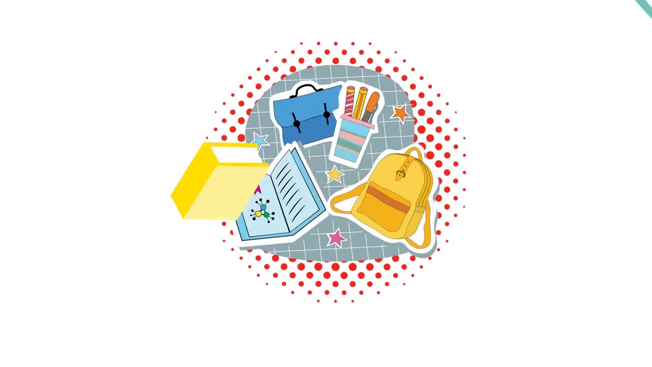 ⁇ 색 배경에 학생들의 줄과 학교 아이콘의 애니메이션