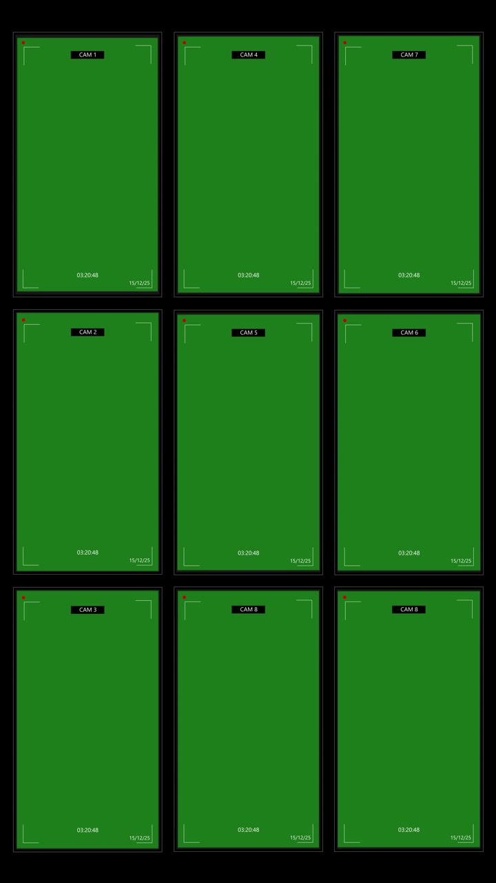 Surveillance camera grid monitor background with multiple dark cctv panels corner markers red record