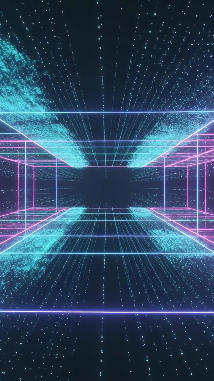 Vertical video: Pulsing neon tunnel driving dots inward in corridor, adding depth with grid