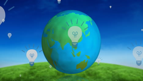 animación de bombillas y globo girando sobre el paisaje