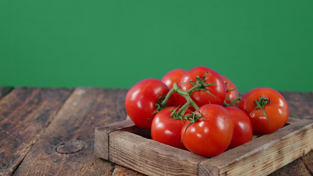 남자 손은 테이블에 신선한 토마토를 담은 나무 트레이를 놓습니다.