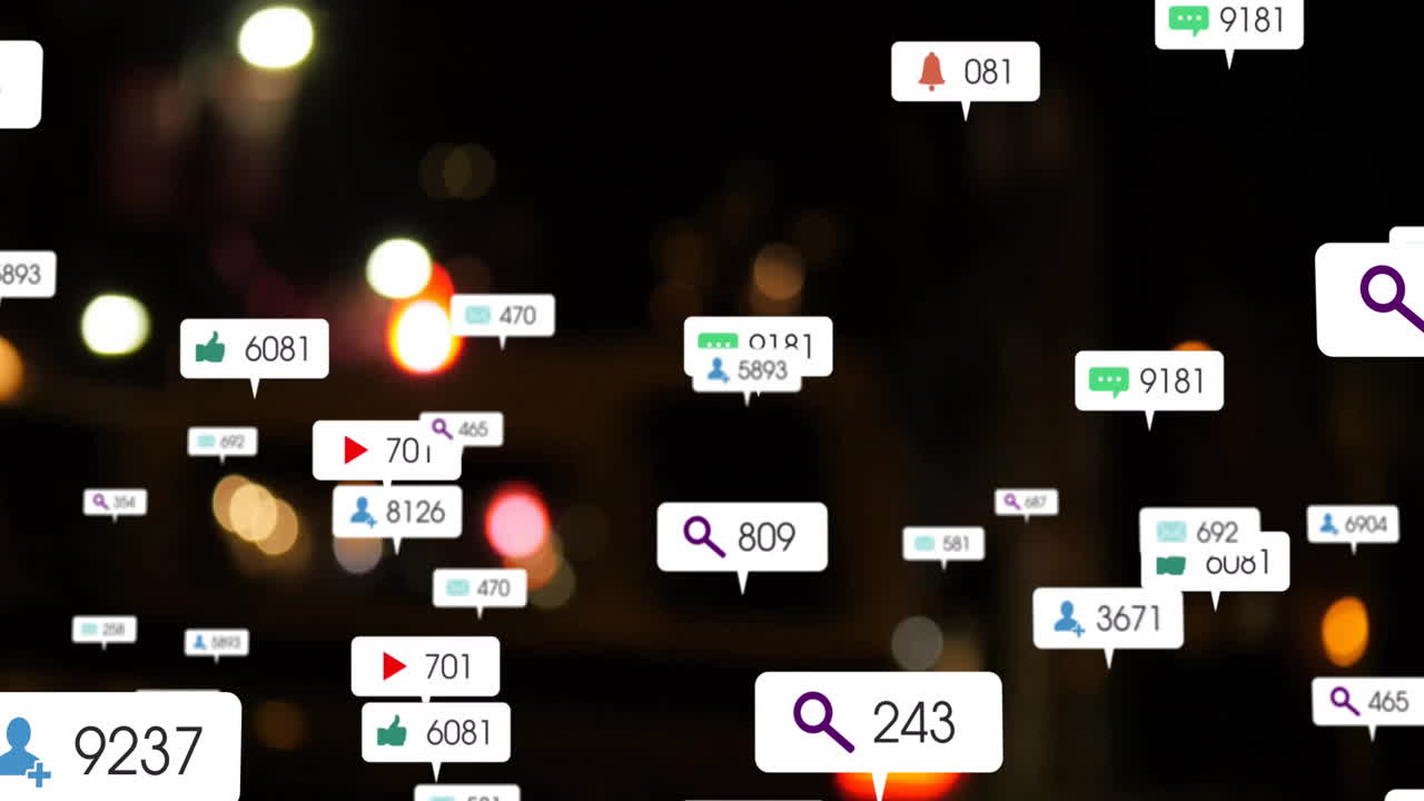 Animation of icons and data processing over out of focus city