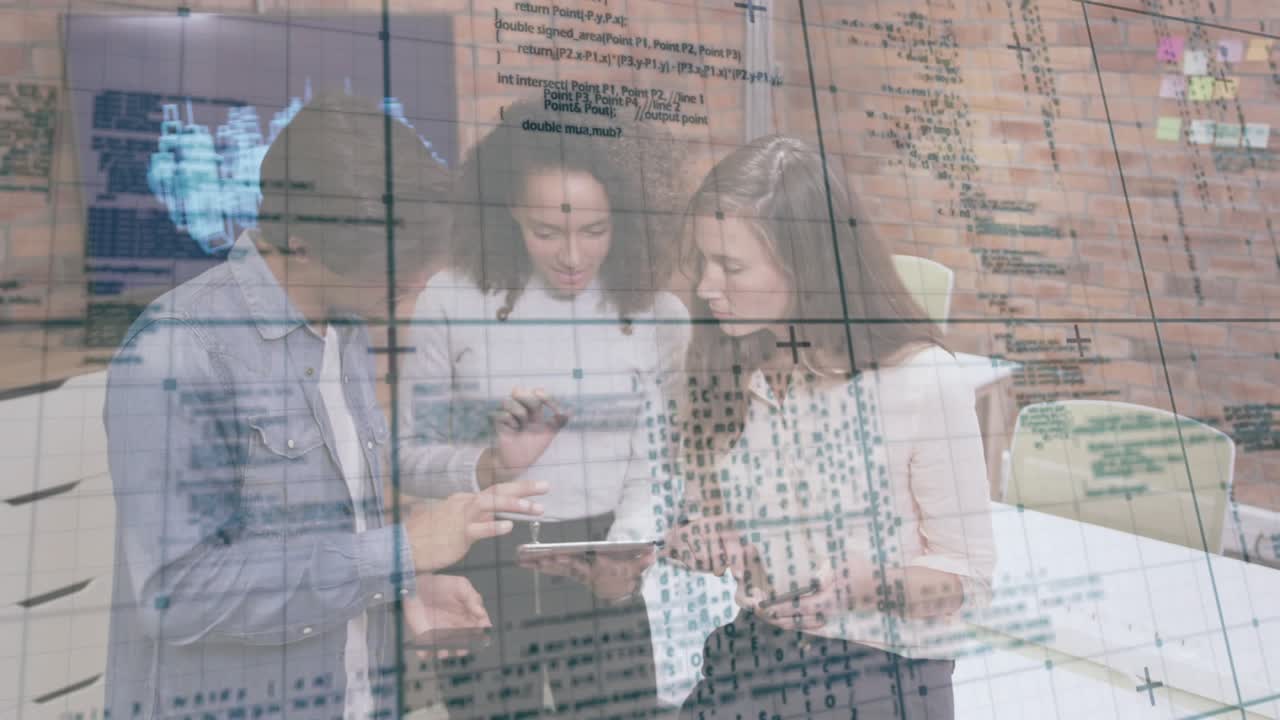 Coworkers tapping smartphone, scrolling tablet, comparing data for business collaboration