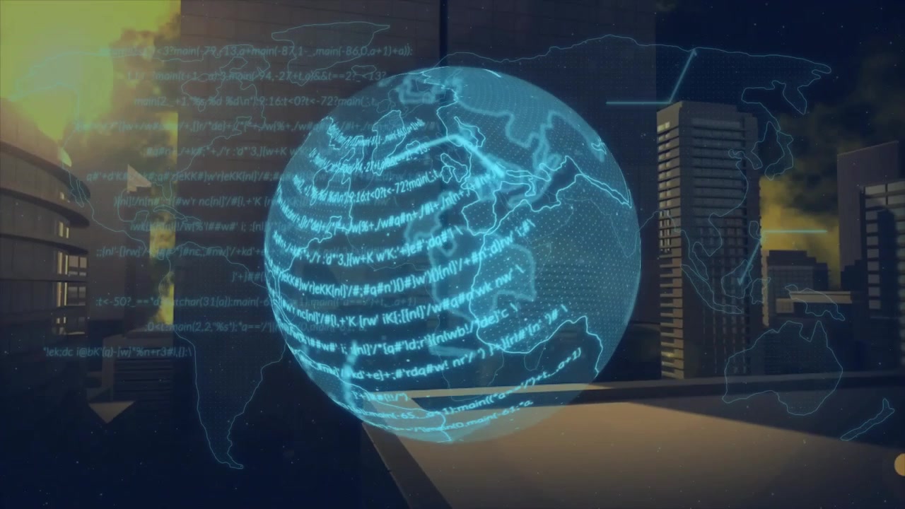 Animazione di un globo digitale con dati in sovrapposizione a un paesaggio urbano, che mostra la connettività globale.