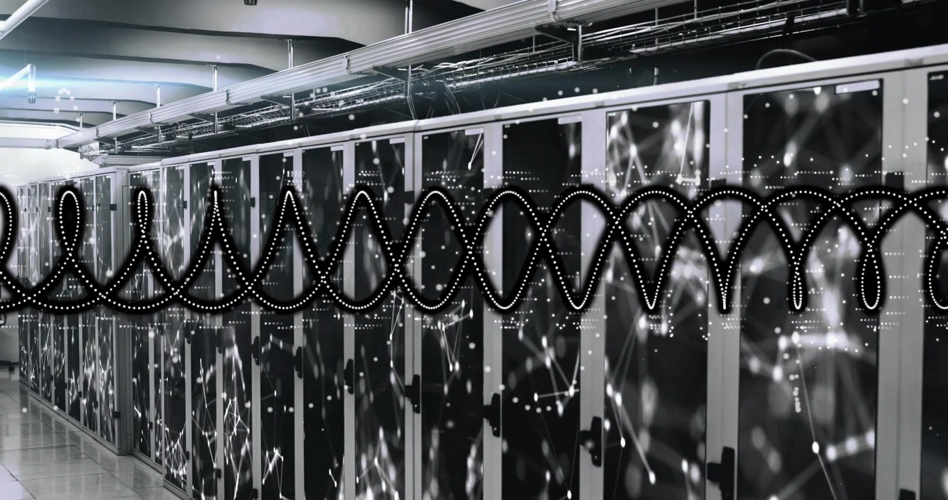Dotted waveform appearing triggers sweeping scan over server cabinets, showing real-time data flow