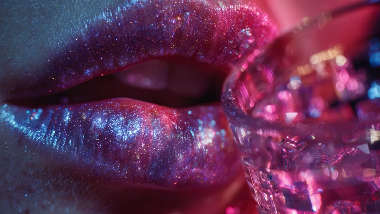 Captivating Close-Up of Iridescent Glittery Lips with a Sparkling Glass, Radiating Vibrant Colors and Shimmering Light Highlights, Creating an Alluring and Glamorous Aesthetic Perfect for Fashion and Beauty Themes