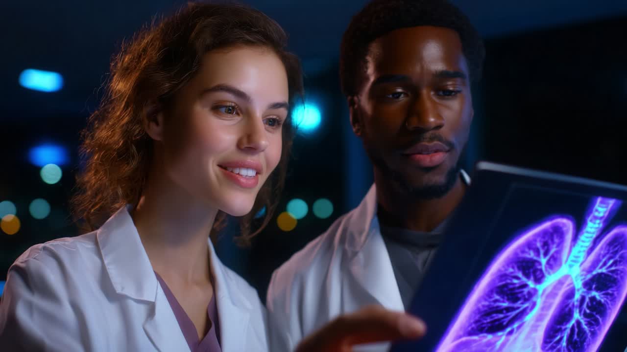 Medical professionals analyze advanced imaging of lungs, showcasing their expertise in healthcare and technology while leveraging innovative visual diagnostics to enhance understanding of respiratory health