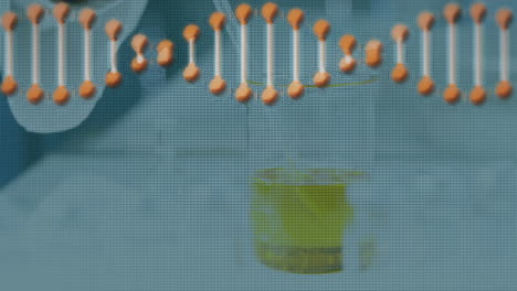 animación de la cadena de adn sobre el científico que trabaja en el laboratorio