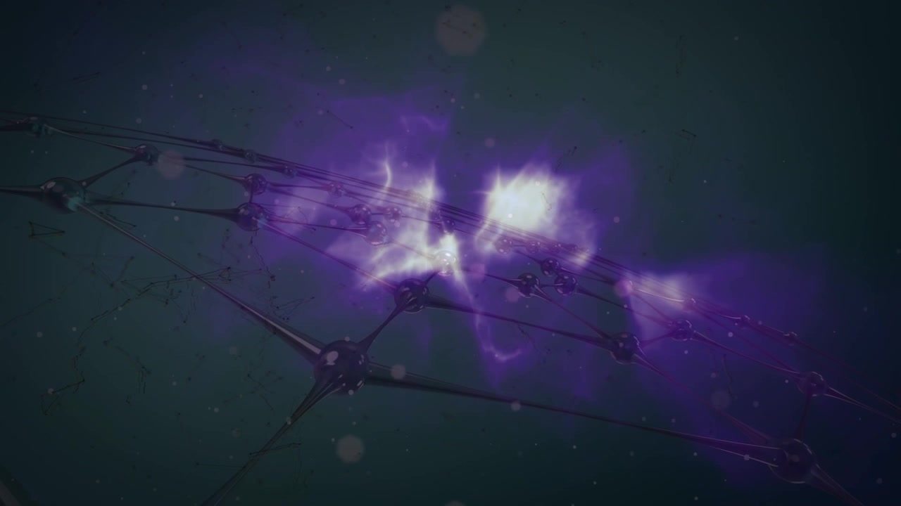 Animation of spots of light and network of connections over purple digital wave on grey background