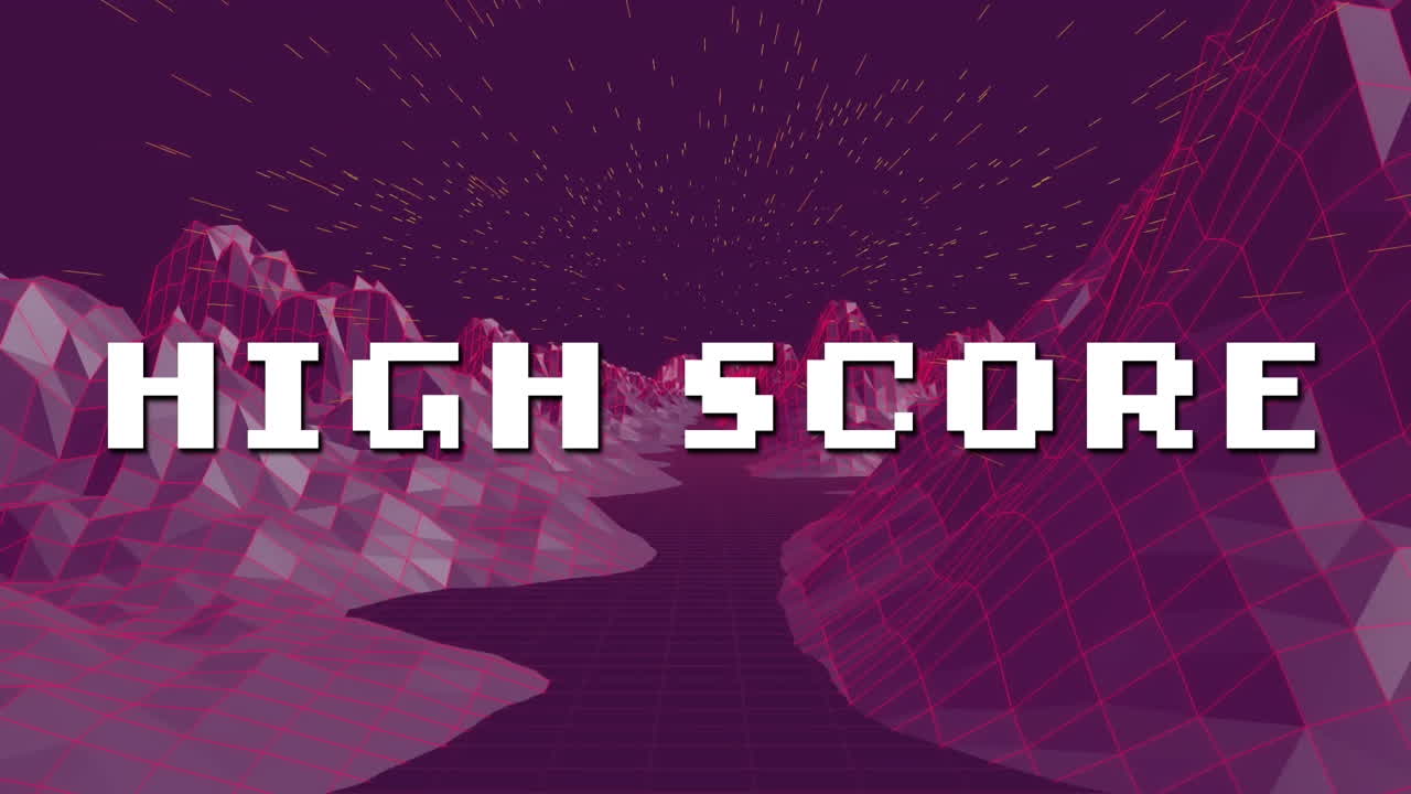 Animation of high score text in white letters over metaverse background