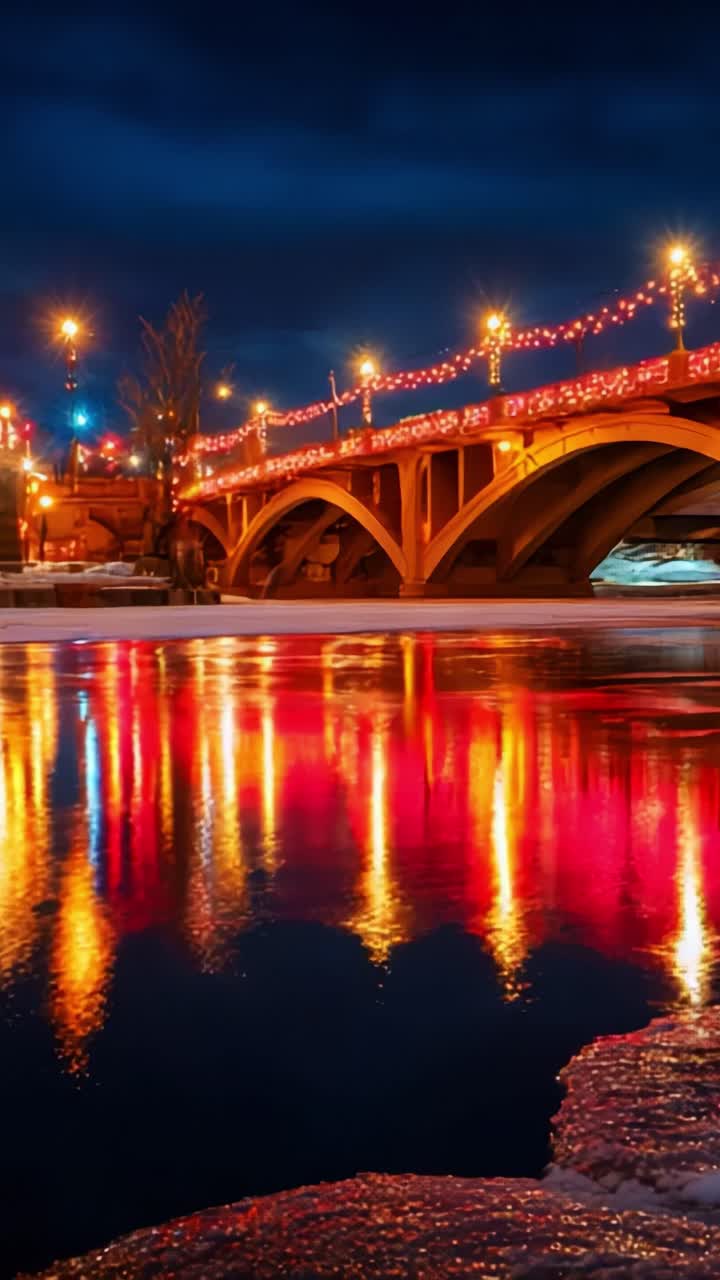A Beautiful Nighttime Scene Featuring a Stunning Bridge Adorned with Colorful Lights Reflecting on the Calm Water Below, Creating a Captivating Atmosphere of Serenity and Wonder in the Night Sky