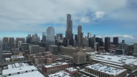 aerial shot of downtown chicago with snow