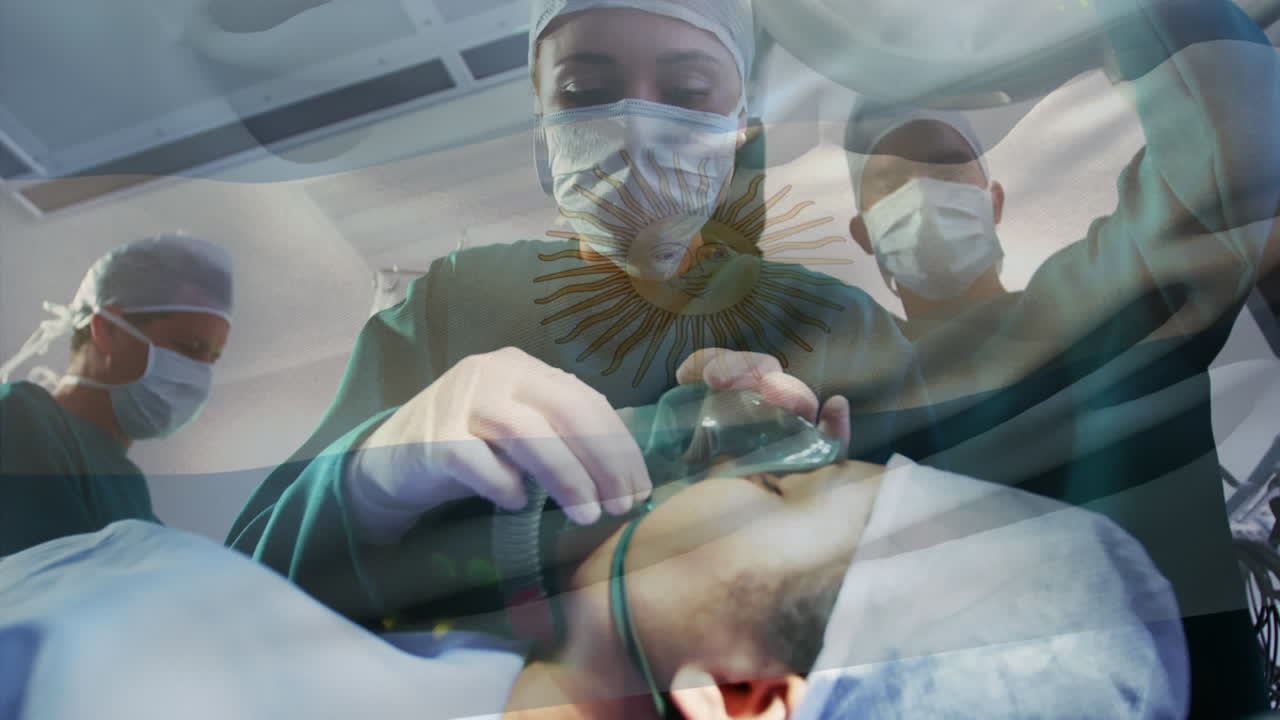 Animation of flag of argentina waving over surgeons in operating theatre
