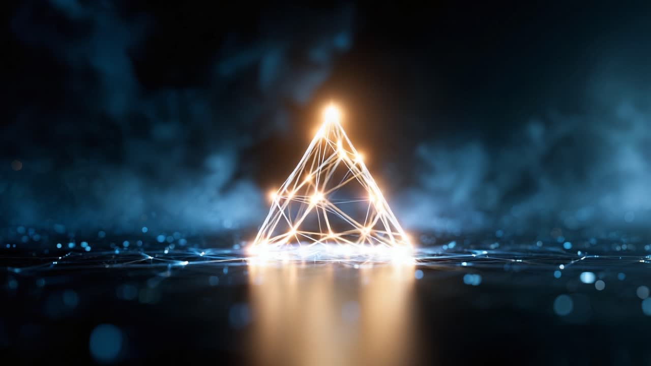 Una struttura piramidale geometrica illuminata emette energia radiante in un ambiente mistico ed etereo, mettendo in mostra luci vibranti e intricati schemi di rete.